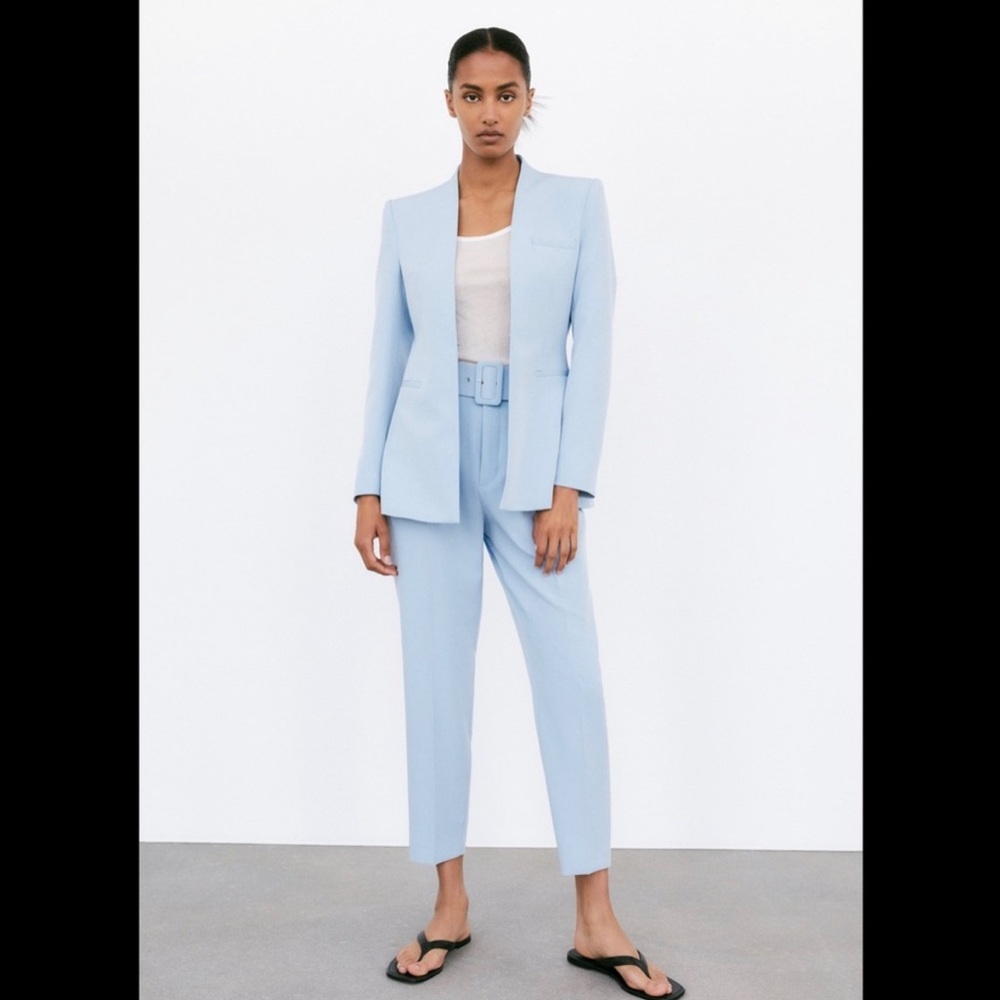 Zara High Waisted Belted Pants in light blue color.